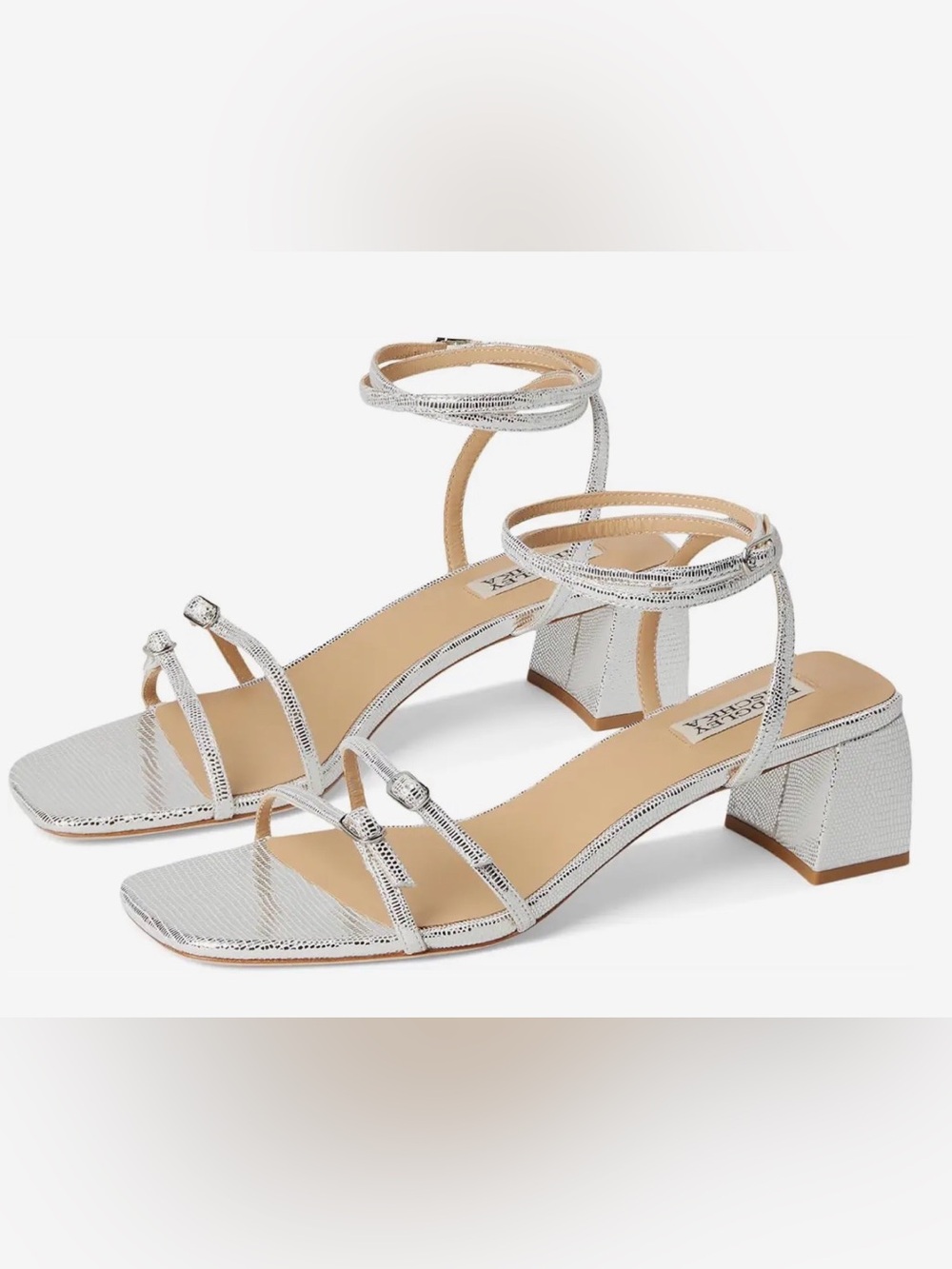 Badgley Minska Silver Ankle-Strap Block Heel Sandals